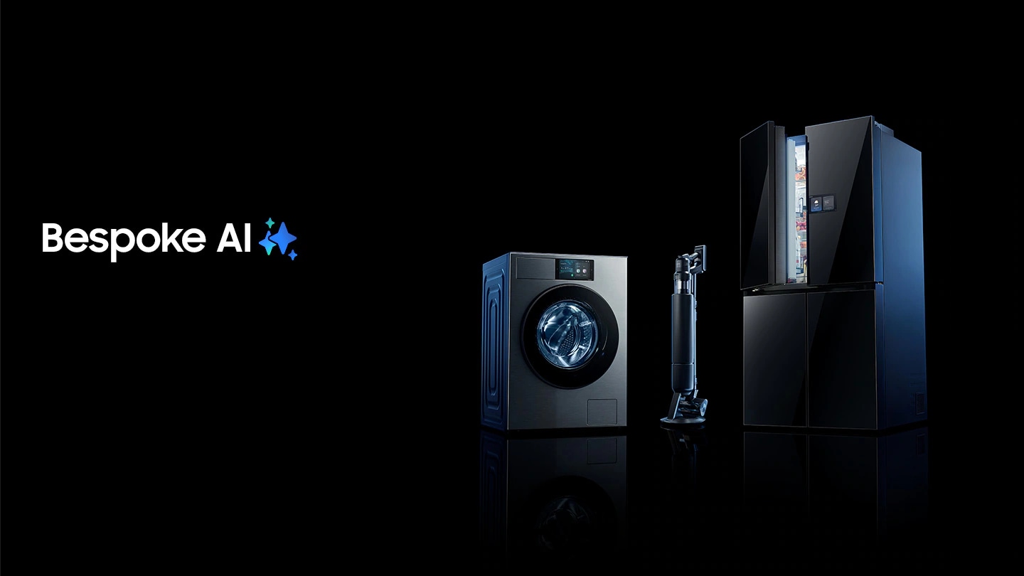 Samsung’s Bespoke AI products, Bespoke AI Laundry and Bespoke Four-Door Flex Refrigerator. Bespoke AI logo.