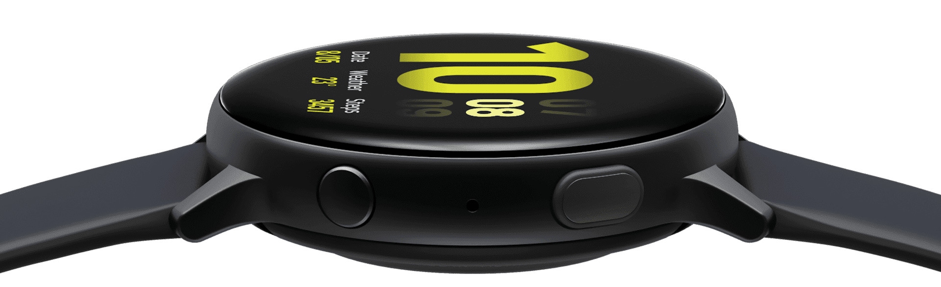 A Galaxy Watch active2 that rotates to display the rear side of the watch, the side view with the two buttons in the foreground, and finally the front side which shows the watch face.