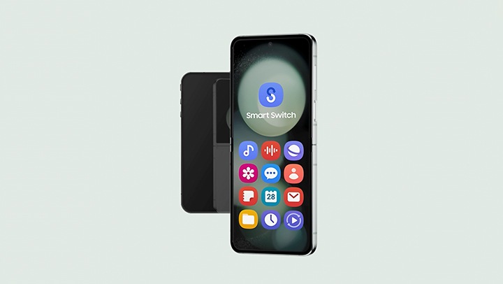 Various app icons are displayed on an old smartphone. The icons pop out of the screen and fly to the right toward a Galaxy Flip5 that is turned to the side and halfway open. The Galaxy Flip5 takes in