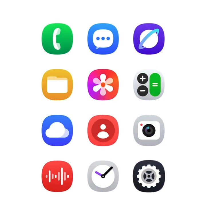 Galaxy app icons from One UI 6 change to a new design of One UI 7. They scatter across a Galaxy smartphone's home screen. Widgets for Countdown, Weather, Gallery and Today's schedules are displayed. The screen is locked, with a man in a dynamic pose. Below are shortcut icons and a pop-up notification of the music playing. It rotates to display the Voice Recorder, featuring the duration and a stop icon. The pop-up rotates to display the Timer. It features the remaining time, set time, end time and a pause icon. Two new screens appear. One shows the redesigned notification panel. At the top are Edit, Power off and Settings icons. Below are icons for Wi-Fi, Bluetooth, Auto Rotate and more. Below are a media controller, sliders for volume and brightness and icons for sound mode and Dark mode. At the bottom are icons for Nearby devices and SmartThings. On the other screen are Live notifications. Voice Recorder and Timer with real-time updates, missed calls, messages, a Settings icon and a Clear icon.