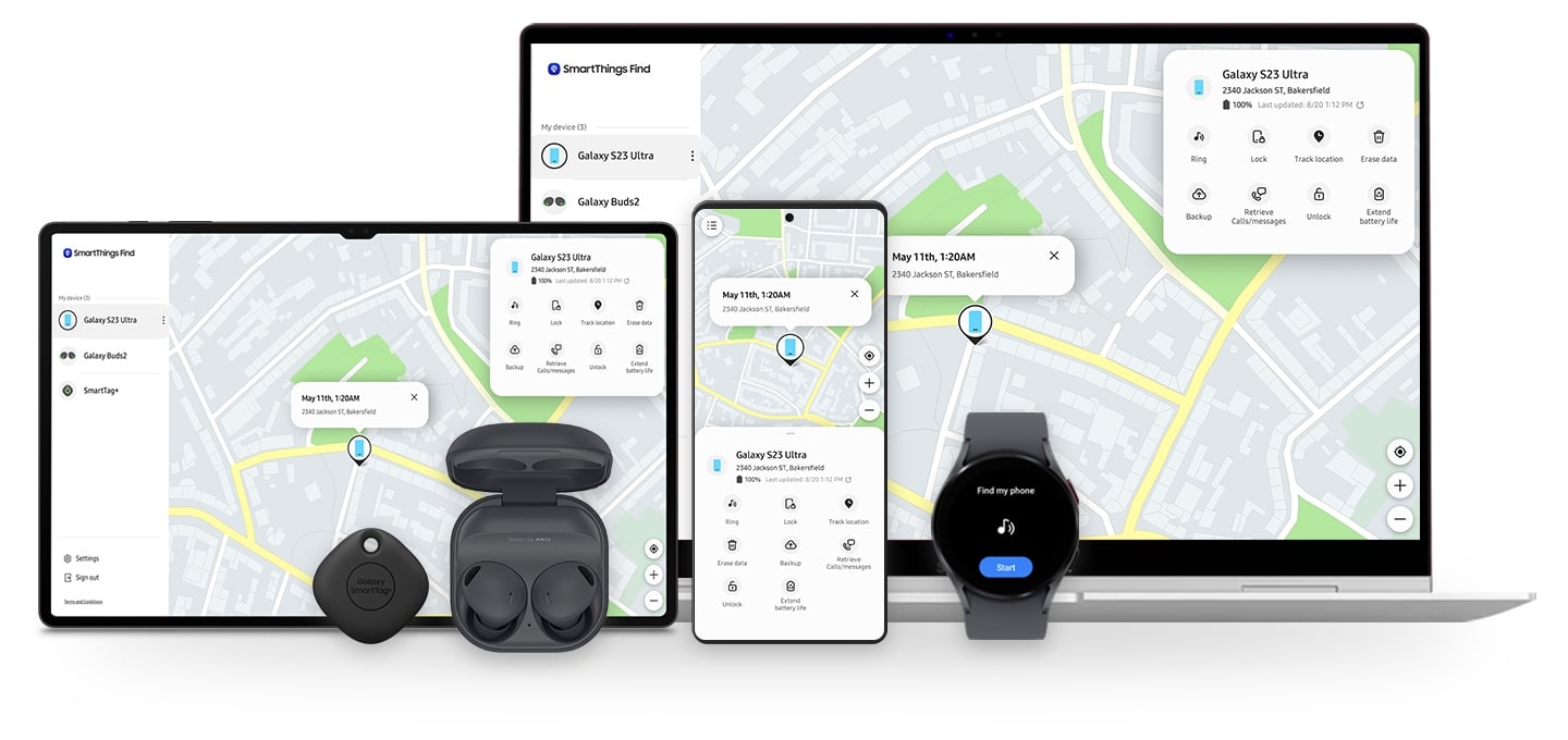 Galaxy Book, Galaxy Tab and Galaxy smartphone are displaying the SmartThings Find screen. The last tracked location of the lost device, Galaxy S23 Ultra, is shown. SmartTag, Galaxy Buds and Galaxy Watch are shown to indicate they can also be used for SmartThings Find. Galaxy Watch is displaying the text 'Find my phone' with a ringing icon in the middle and a 'Start' button at the bottom.