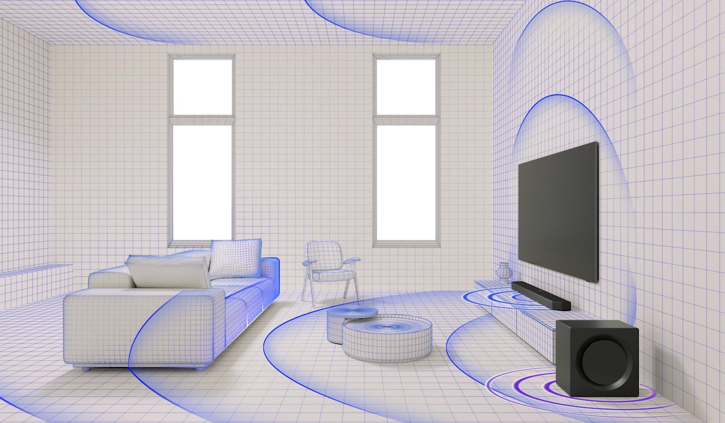 There is a 3D grid illustration of a livingroom with a setup that includes a soundbar placed on a console below the TV, and a subwoofer placed on the floor next to the console. There are blue rings coming from the soundbar, enveloping the entire space. There are purple rings coming from the subwoofer. 