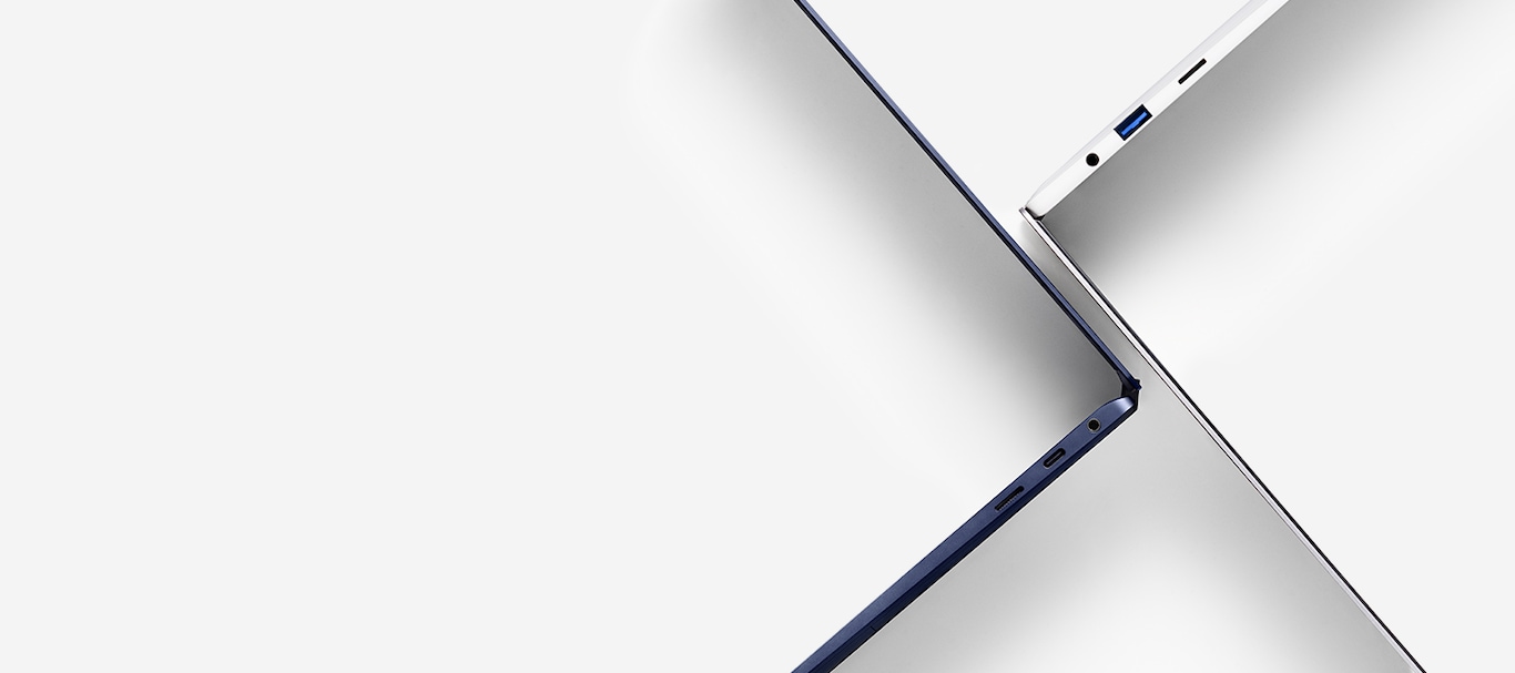 Side profiles of Galaxy Book Pro 360 and Galaxy Book Pro. Galaxy Book Pro 360 is open facing left and Galaxy Book Pro is open facing right.