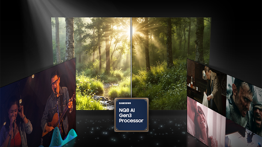 Three screens show how the Samsung NQ8 AI Gen3 Processor customizes picture and audio settings for different content types.