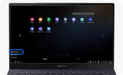 Screenshot des Samsung DeX Startbildschirms. Die Option Kontaktieren Sie uns ist mit einem blauen Rahmen markiert.