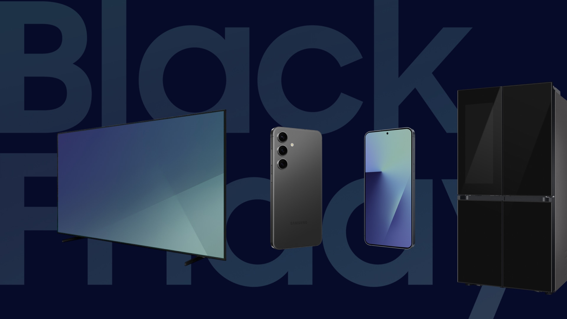 Black Friday promocija s prikazom Samsung QLED televizora, pametnih telefona i perilice rublja na tamnoj pozadini.