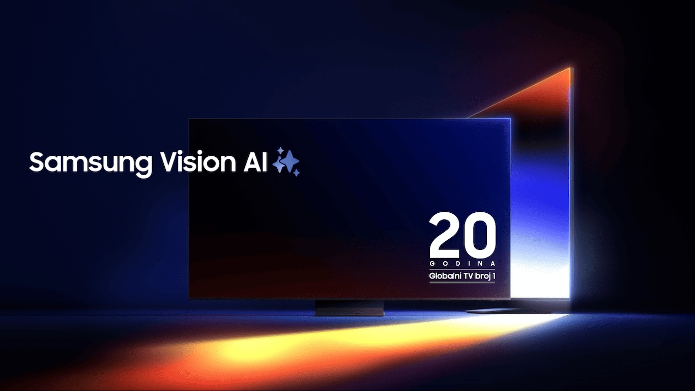 Dva televizora su raspoređena u obliku broja 1. Samsung Vision AI logotip. 20 godina globalnog broj 1 televizora.