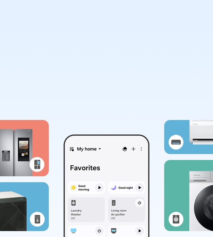 Žena drži pametni telefon, na zapešću nosi Galaxy Watch. Prikazane su i sljedeće SmartThings značajke: Briga za kućnog ljubimca, Rad od kuće, Fitness i zdravlje te Stvaranje ugođaja.