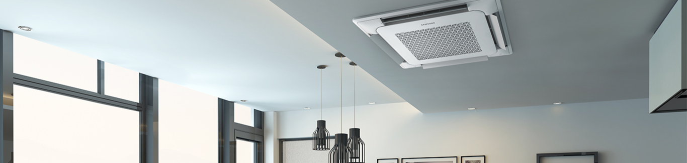 A WindFree™4Way indoor unit is installed in a ceiling of a living with white color based modern loolking