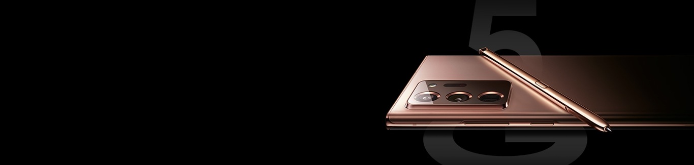 Prikaz gornje polovine telefona Galaxy Note20 Ultra 5G mističnobronzane boje, u vodoravnom položaju sa zadnje strane. Preko njega je položena S Pen olovka u istoj boji.
