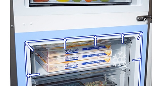 Tri smrznute kutije za pizzu složene u Samsung hladnjaku sa stalkom i policom te velikim kapacitetom.