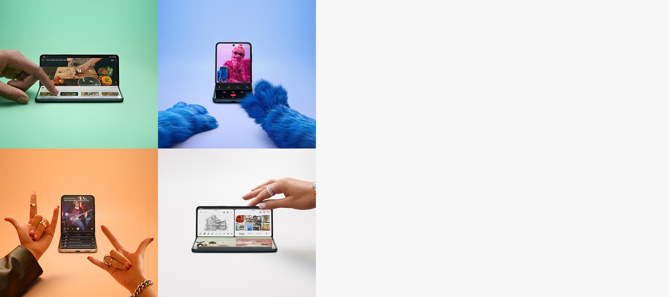 Četiri scene s Galaxy Z Fold3 i Galaxy Flip3. Prva scena, Galaxy Z Flip3, lagano je presavijena u Flek načinu rada s videom na glavnom zaslonu. Ruka dodiruje donju polovicu ekrana. Druga scena, Galaxy Z Flip3 presavijen je u Flek načinu rada s Google Duo videopozivom na glavnom zaslonu. Treća scena, Galaxy Z Flip3, presavijena je u Flek modu s playlistom na glavnom zaslonu. Četvrta scena prikazuje Galaxy Z Fold3 presavijen u Flex načinu rada s više zadataka s tri aplikacije na glavnom zaslonu.