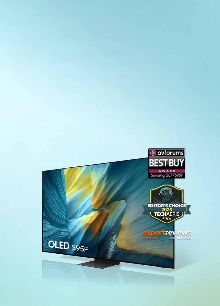 A OLED S95F TV with avforums BEST BUY AWARD logo featuring Samsung QE77S95F and EDITOR'S CHOICE 2025 TECHAERIS logo and expertreviews BEST BUY 2025 logo.