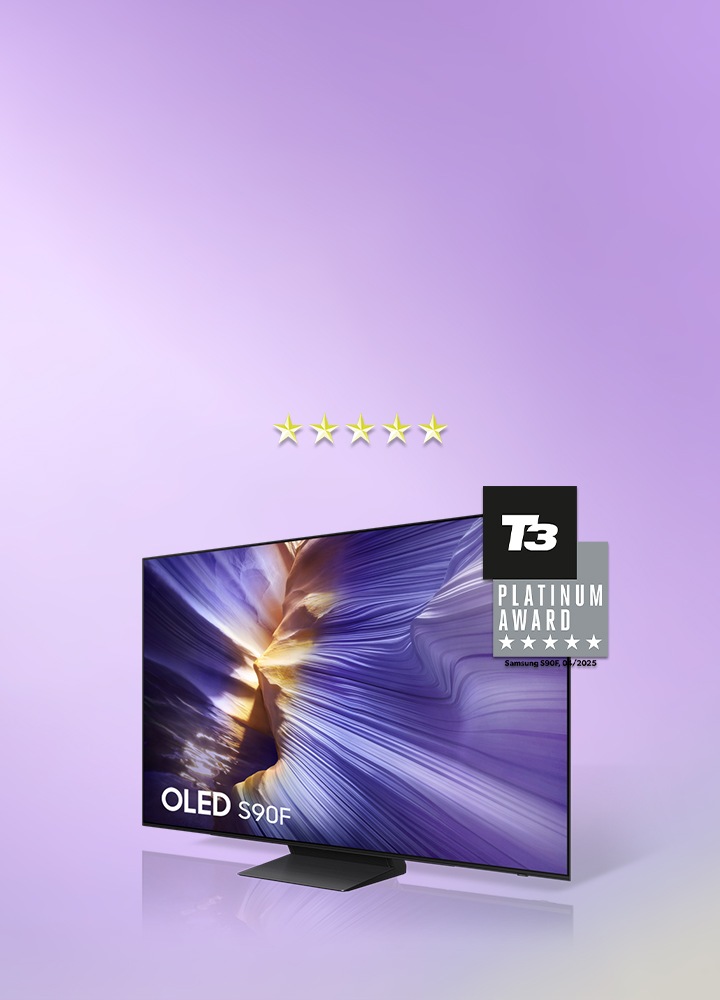A OLED S90F TV with T3 PLATINUM AWARD logo featuring Samsung S90F, 04/2025, and five stars.