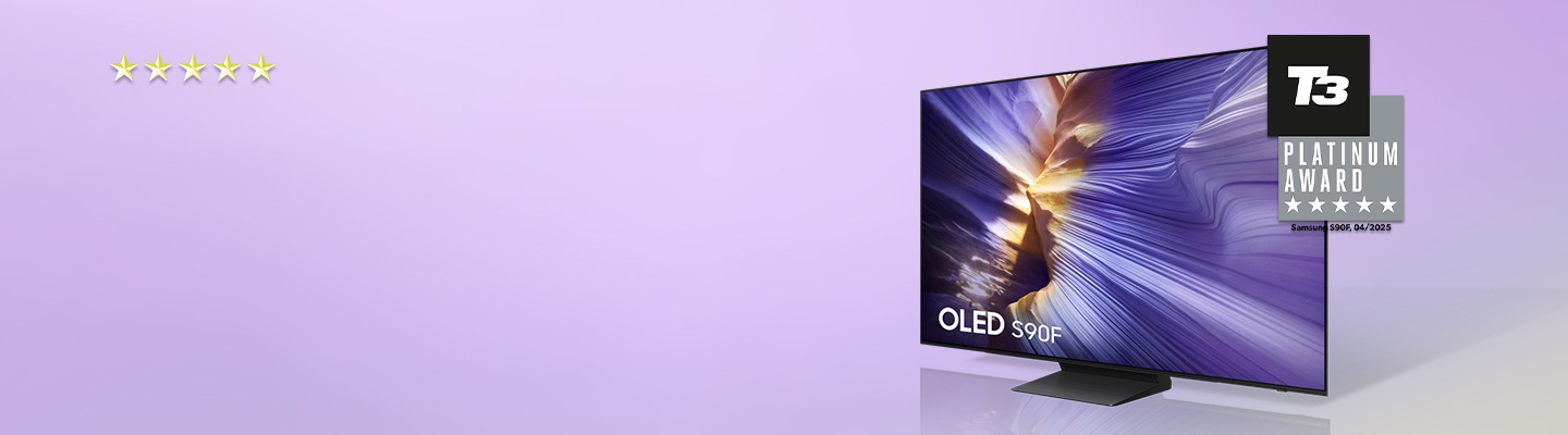 A OLED S90F TV with T3 PLATINUM AWARD logo featuring Samsung S90F, 04/2025, and five stars.