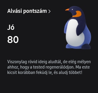 Az alvási pontszám grafikus felhasználói felülete látható, a 80-as pontszám és a 'Jó' szöveg olvasható.