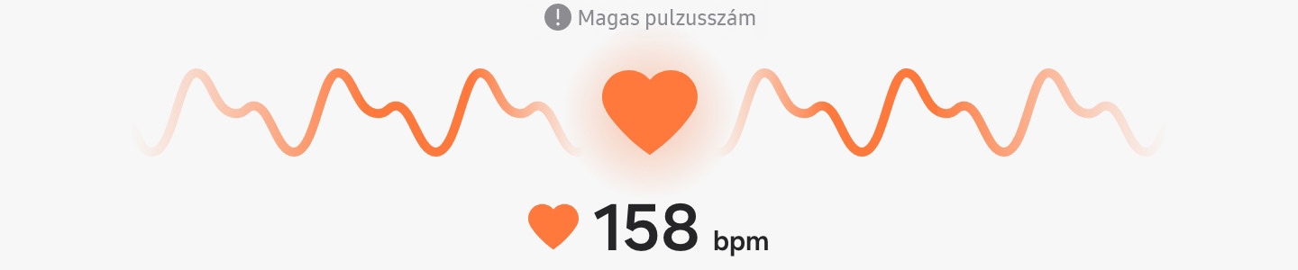 Középen egy szív ikon látható, amely a szívverést jelzi. A háttérben a pulzuskövető vonal van. Alatta a BPM állapota látható egy kis szív ikon mellett. A felső részen a Magas pulzus riasztás üzenet látható.