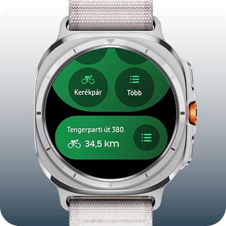 Egy Galaxy Watch Ultra megjelenít egy edzésutat az útvonal funkcióval az alján. A 380 strandút szöveg, 34,5 km biciklivel ikon és további menü látható a jobb oldalon.