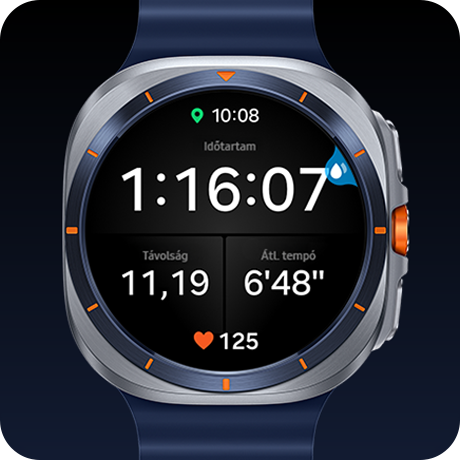 A Galaxy Watch Ultrán látható az Edzéskövetés funkció az időtartammal, távolsággal, átlagos tempóval és pulzusszámmal együtt. A jobb sarokban a víz alatti mód aktiválva ikon látható.