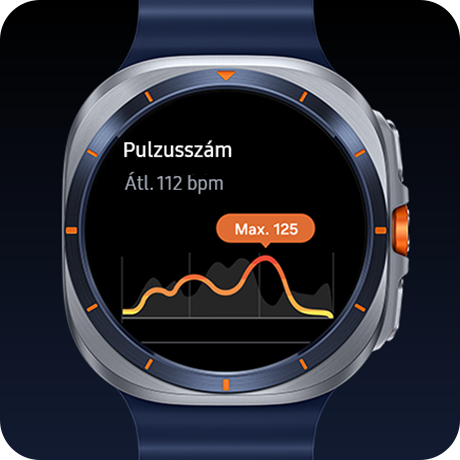 A Galaxy Watch Ultrán látható a pulzuskövetés funkció az átlagos bpm-mel, a bpm vonaldiagrammal és a maximum bpm-mel együtt.