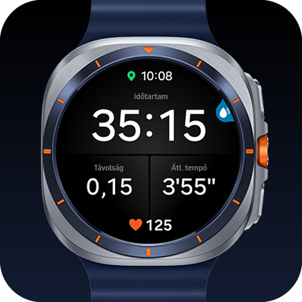 A Galaxy Watch Ultrán látható az edzéskövetés víz alatti móddal, távolsággal és szívritmussal. A jobb sarokban látható a víz alatti mód aktiválva ikon.