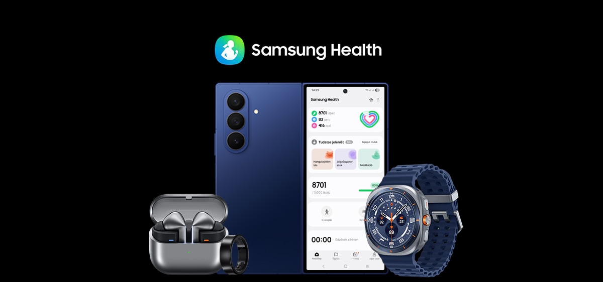 A Galaxy Ring, a Galaxy Z Flip7 a borítóképernyőn megjelenő napi tevékenységgel, a Galaxy Buds3, a Galaxy Z Fold7 a Samsung Health képernyővel és a Galaxy Watch Ultra egy csoportban látható. Fent látható a Samsung Health ikon és a Samsung Health szöveg.