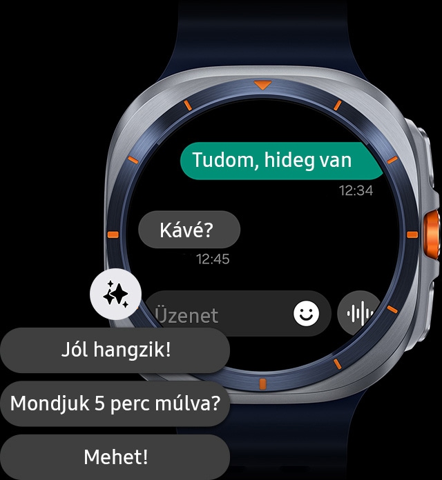 Egy Galaxy Watch Ultra kijelzőjén lévő beszélgetés a Galaxy AI generálta válaszüzenet-javaslatokkal látható.