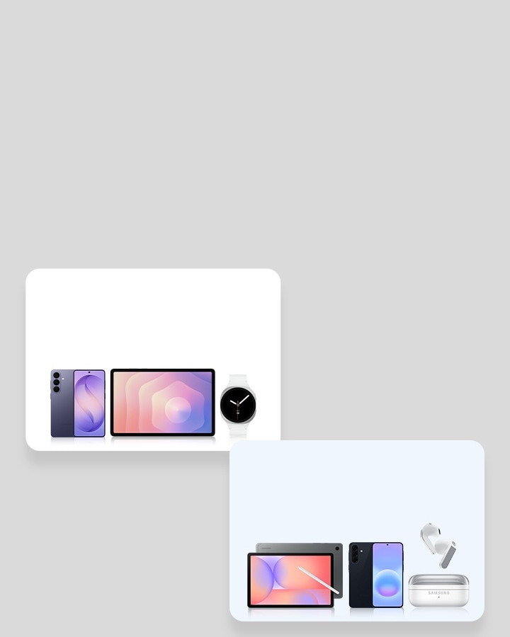 Két csomagdoboz látható. A bal oldali csomagdobozban a Galaxy S26 Plus, Galaxy Tab S11 és egy Galaxy Watch8 egymás mellett helyezkedik el. A jobb oldali csomagdobozban a Galaxy A57, Galaxy Tab S11 Lite és a Galaxy Buds4 egymás mellett helyezkedik el.