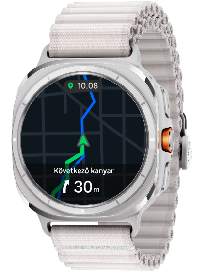 A Galaxy Watch Ultra egy navigációt jelenít meg egy térképen, ahol egy irányba mutató nyíl és egyéb navigációs információk láthatóak.