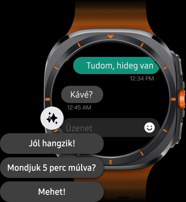 Galaxy Watch Ultra, üzenetcsevegést megjelenítve az eszköz mellett megjelenő válaszjavaslatokkal.