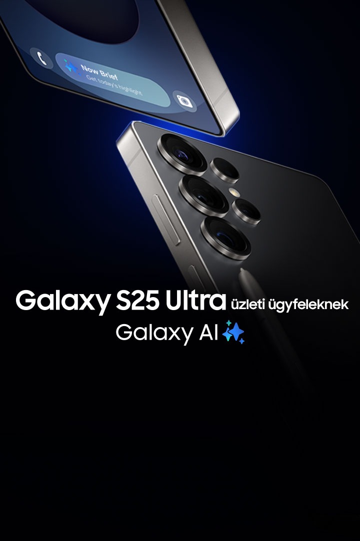 Két Galaxy S25 Ultra készülék látható titán ezüstkék és titánfekete színben. A sarkuk összeér; az egyik hátulról, a másik elölről látható. A Galaxy S25 Ultra elölnézetben egy Now Brief-értesítést mutat a Now Bar felületén a következő szöveggel: „Fő események áttek.”. A hátulnézetben látható Galaxy S25 Ultra hátulján egy S Pen fekszik. Galaxy S25 Ultra üzleti ügyfeleknek. Galaxy AI.