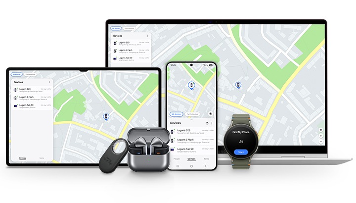 A képen látható Galaxy Book, Galaxy Tab és Galaxy okostelefon megjeleníti a Samsung Find képernyőt, amely megmutatja az elveszett készülék aktuális helyét. A SmartTag, a Galaxy Buds és a Galaxy Watch mellettük van, jelezve, hogy ezek is kompatibilisek a Samsung Find funkcióval. A Galaxy Watch a „Find My Phone” szöveget, valamint egy csengő ikont és egy „Start” gombot mutat.