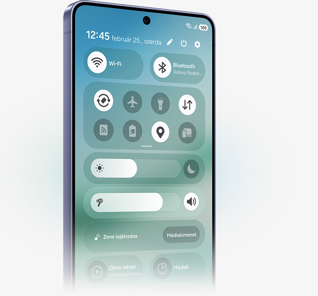 A Galaxy smartphone with the Quick Panel open, focusing on the new One UI 8.5. Bluetooth, volume, noise canceling features are highlighted.