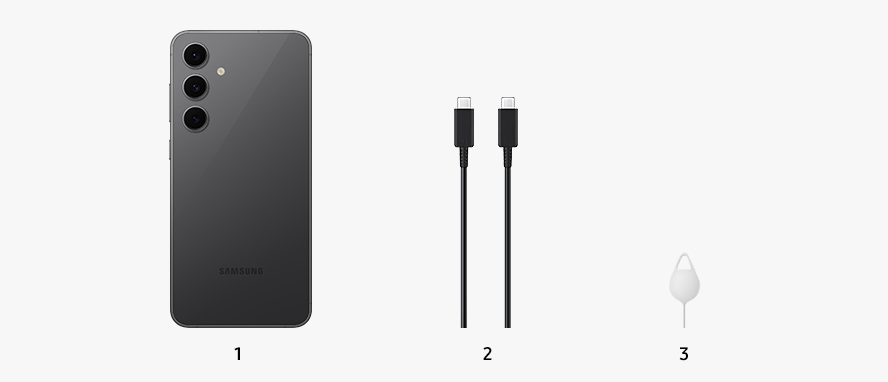 Hátulról egy grafitszürke színű Galaxy S24 FE látható, mellette egy adatkábellel és kioldó tűvel.