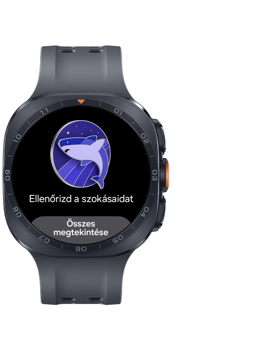 grafit Galaxy Watch Ultra2 fekete Tengerész-szíjjal, elölnézetből, a kijelzőn egy cápa ikonnal és az „Ellenőrizd a szokásaidat” szöveggel az alvástámogatási felület látható. Alul egy Összes megtekintése gomb.