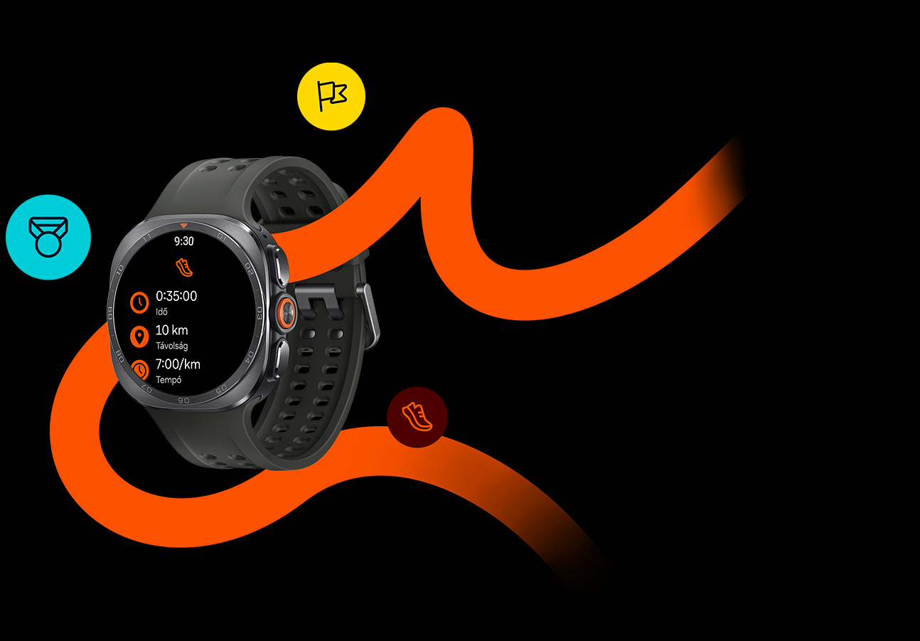 Galaxy Watch Ultra2 titánezüst színben, olívazöld Tengerész-szíjjal. A Strava meg van nyitva, amelyen látható az aktuális idő, a távolság és a futás tempója. Az óra körül különböző Strava ikonok jelennek meg, amelyek annak funkcióit jelképezik. 