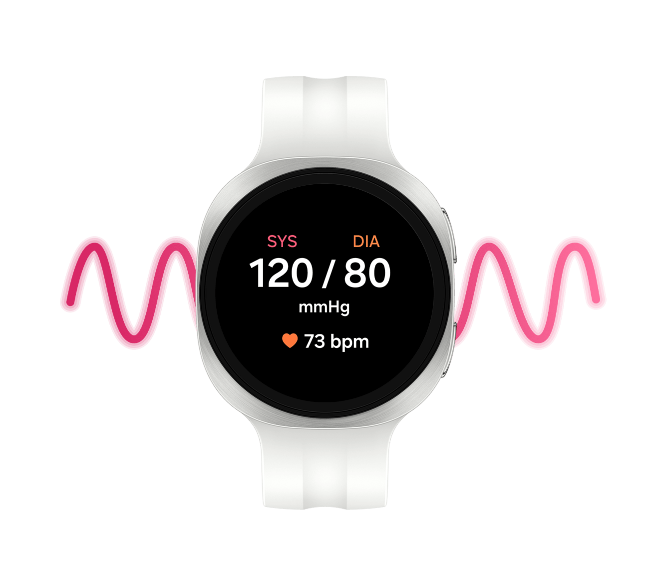 Ezüst Galaxy Watch9 krém színű sportszíjjal, elölnézetből, a kijelzőn a vérnyomásmérő funkció látható, az alábbi feliratokkal SYS 120, DIA 80 Hgmm, 73 bpm.