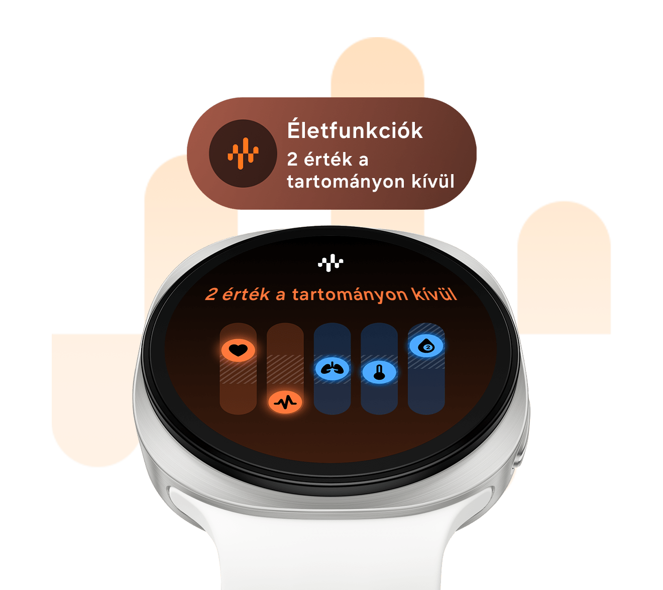 A Galaxy Watch9 krém színben egy krém színű sportszíjjal kissé felfelé néz, a kijelzőn az életjeleket követő felület látható az „Életjelek (2) tartományon kívül” szöveggel. Fent látható az Életfunkciók csempe, a „2 tartományon kívül” szöveggel.