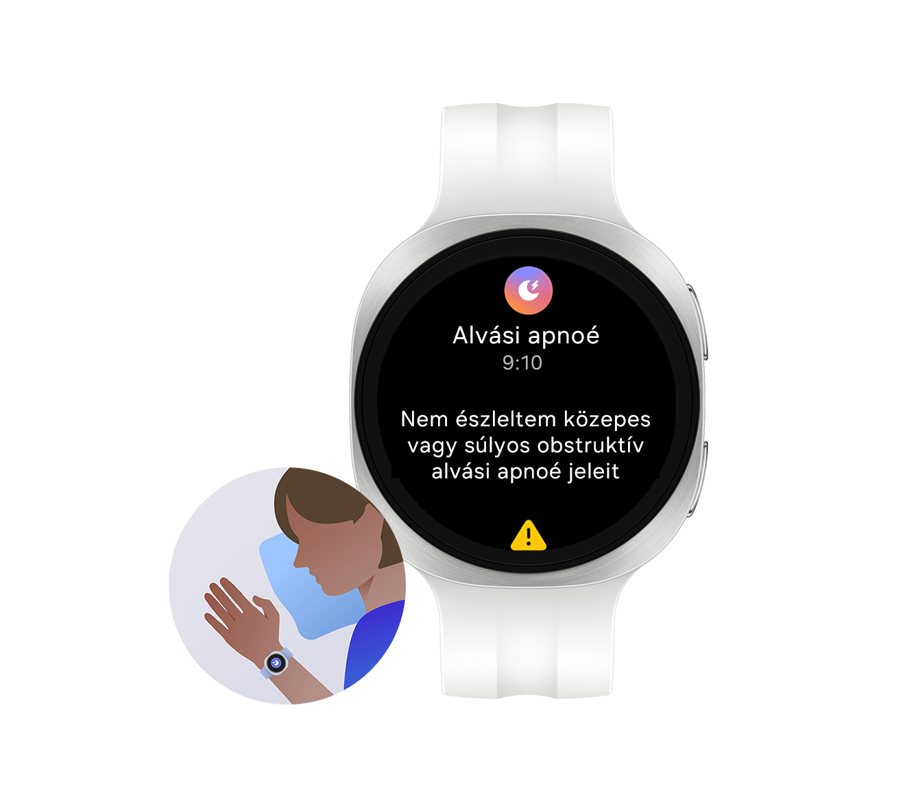 Galaxy Watch9 ezüst színben, krém színű sportszíjjal, elölnézetből, a kijelzőn az alvási apnoé kockázatát észlelő funkció felülete látható, egy alvási apnoé ikonnal, az idővel és a „Nem észlelhetők közepes vagy súlyos obstruktív alvási apnoé jelei” szöveggel. Egy Galaxy Watch9 okosórát a csuklóján viselő személyt ábrázoló ikon alvás közben, bekapcsolt alvási apnoé kockázatát észlelő funkcióval.