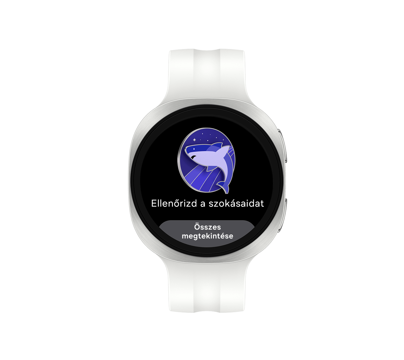 Ezüst Galaxy Watch9 krém színű sportszíjjal, elölnézetből, a kijelzőn egy cápajelvény ikonnal és az „Ellenőrizd a szokásaidat” szöveggel látható az alvástámogató felület. Összes megtekintése.