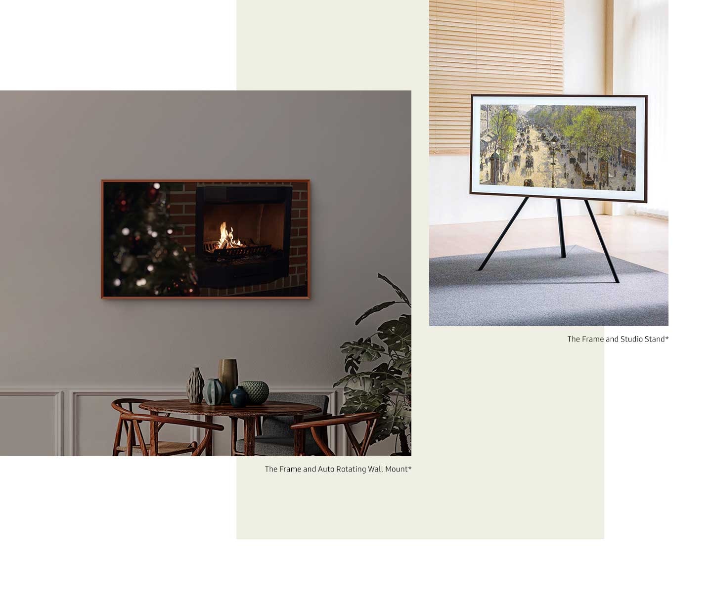 A The Frame TV-t a vékony fali konzollal lehet a falra felszerelni, amely a Frame TV-vel együtt vásárolható meg. A The Frame TV egy automatikusan forgó állványon forog, amely portré és tájkép módban is mozog.*