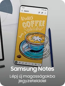 A Samsung Smartphone with the S Pen next to it, displays a coffee graphic on the screen to show off Samsung's Note feature.
