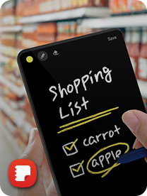 A Samsung smartphone faces the front with a black background and shopping list on the screen.