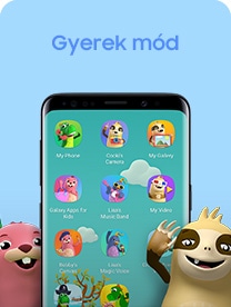A Galaxy Smartphone displays a range of cartoon imagery with two animated characters next to it, to depict Samsung's Kids Mode.