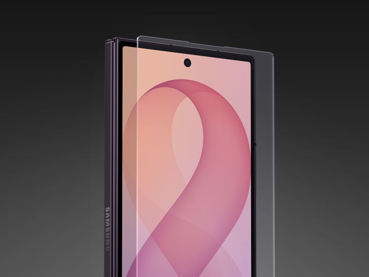 Corning Gorilla Glass melayang di atas layar cover Galaxy Z Fold8 Ultra yang terlipat warna Violet Shadow.