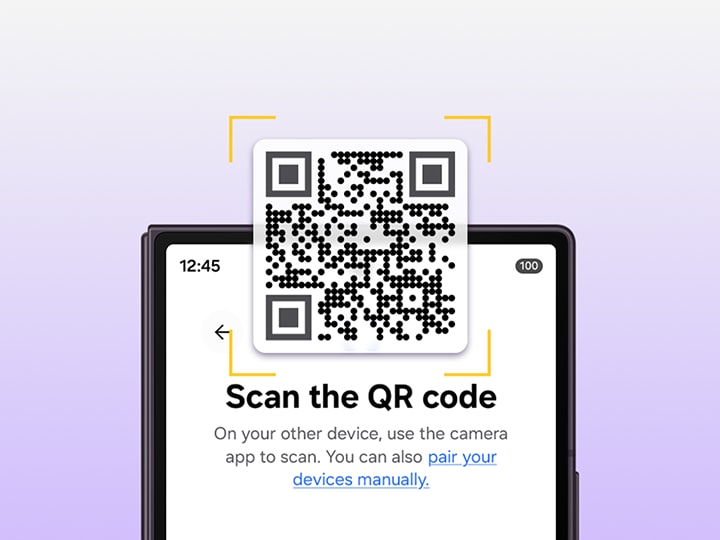 Ilustrasi QR code yang muncul di atas cover screen Galaxy Z Fold8 Ultra. Layar menampilkan teks 'Pindai QR code' untuk menunjukkan kemudahan transfer nirkabel menggunakan Smart Switch terbaru.