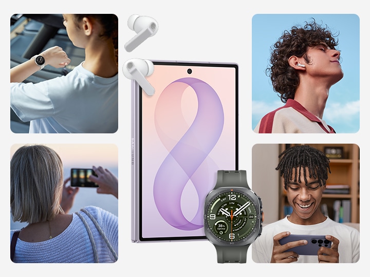 Tampilan depan smartphone Galaxy Z Fold8 warna Lavender dengan earbud Galaxy Buds4 Pro warna White di atasnya, berdampingan dengan Galaxy Watch Ultra2 warna Titanium Silver yang tampak dari depan. Rangkaian perangkat dikelilingi kolase foto orang-orang yang sedang menggunakannya, memeriksa waktu, memotret di malam hari, mendengarkan musik, dan bermain game.