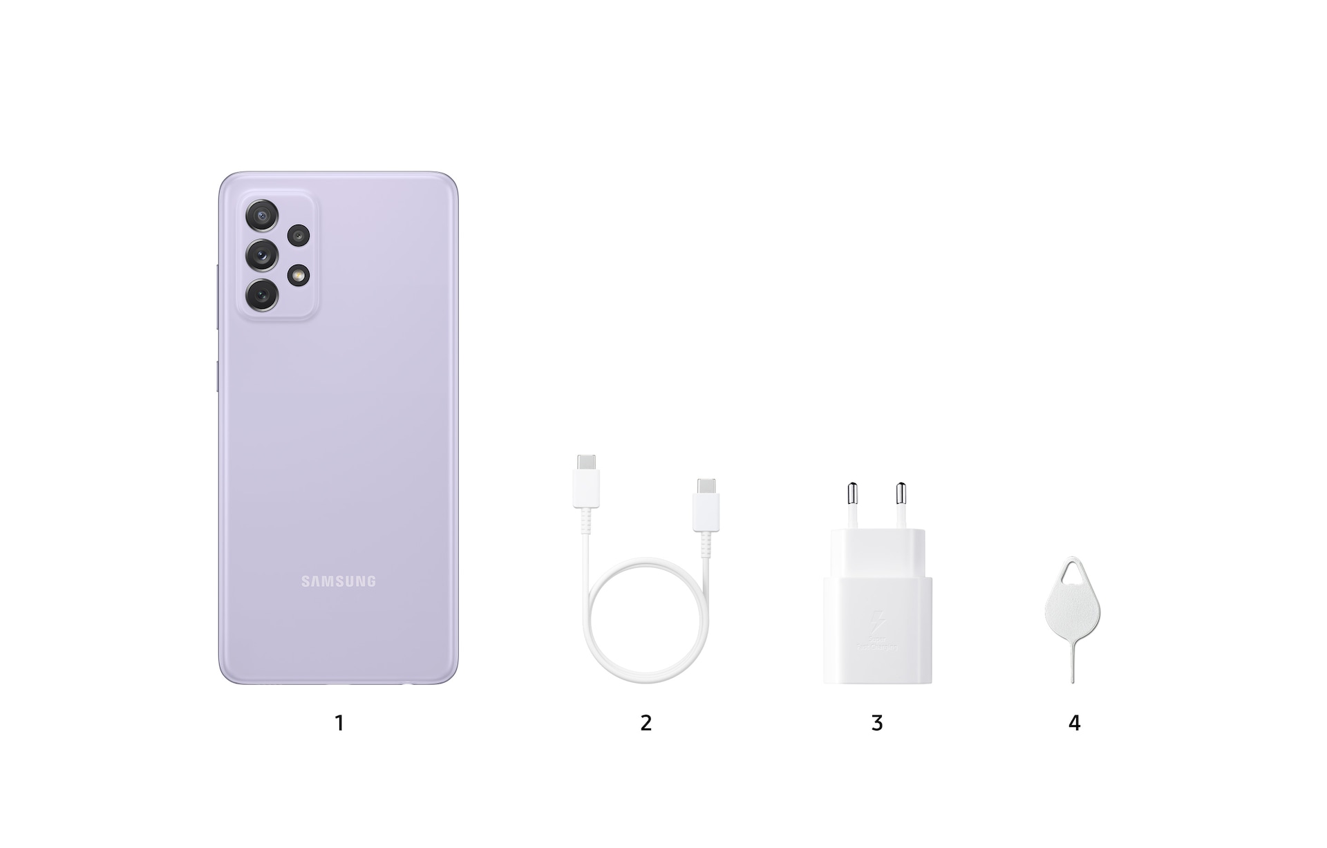 An Awesome Violet color A72, a charging cable, charging adapter and ejection pin are placed together.