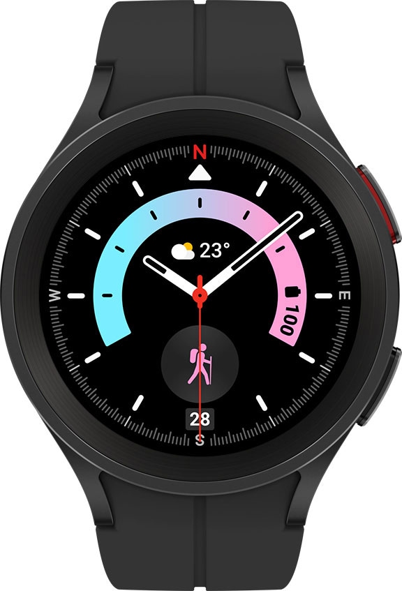 A black with sky blue to light pink gradient watch face shows the time with a hiking icon.