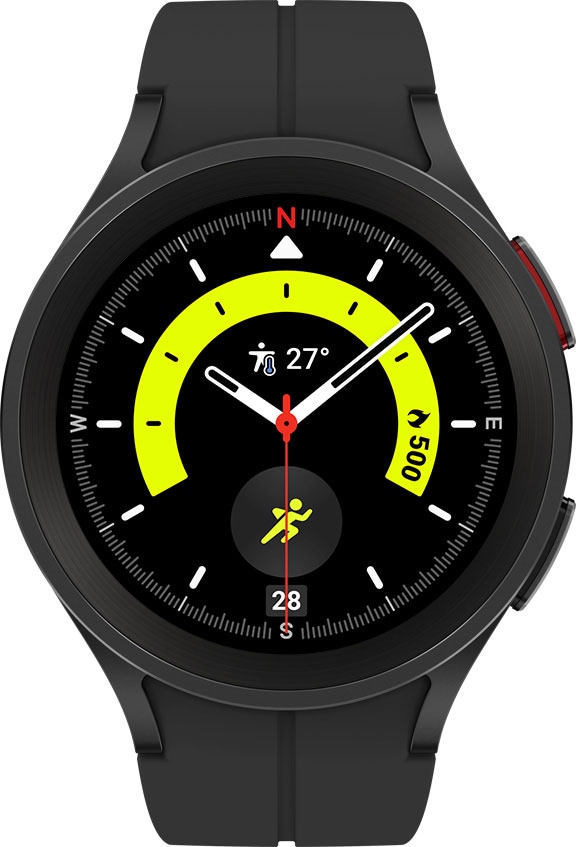 A black and light green watch face shows the time with a running icon.